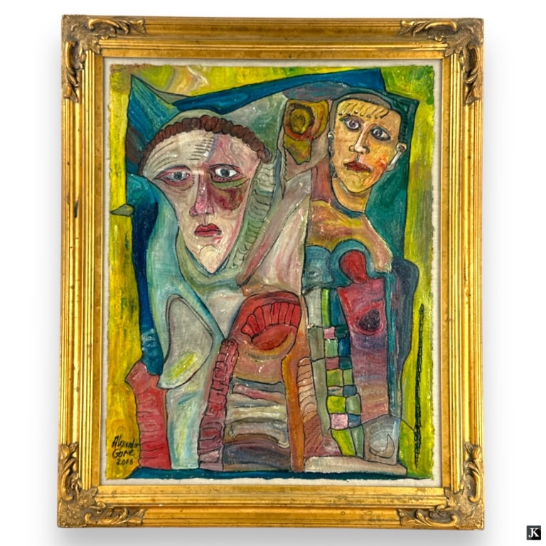 Alexander Gore (b.1958) Oil Painting On Paper: Alexander Gore (RUSSIAN FEDERATION / UNITED STATES / NEW YORK / FLORIDA, Born 1958) oil painting on paper depicting figures with abstract design. Signed to lower left and dated 2006. Mounted in a gold