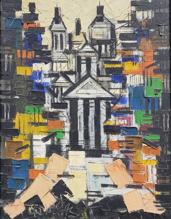 Jordi Bonas (1937-2017) Oil/Canvas: Jordi Bonas, French (1937-2017) oil on canvas "Abstract Cityscape". Work measures 75" x 20" Frame measures 37" x 31"
