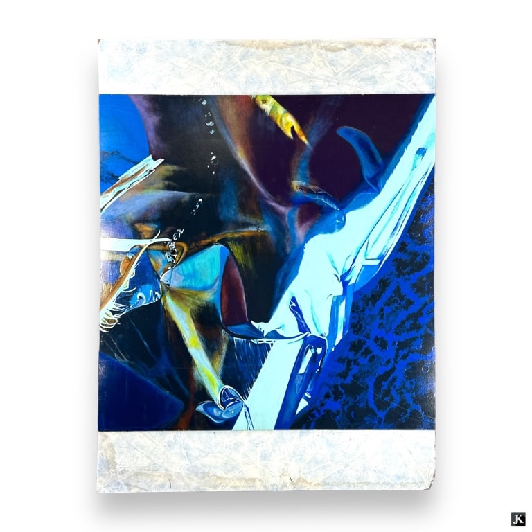 Teresa Frazee (b. 1953) Acrylic/Board: Teresa Ann Frazee, American (b. 1953) acrylic work on board depicting an abstract scene with blue tones titled "Waking World". No apparent signature. Has gallery label to verso. Board further laid on 