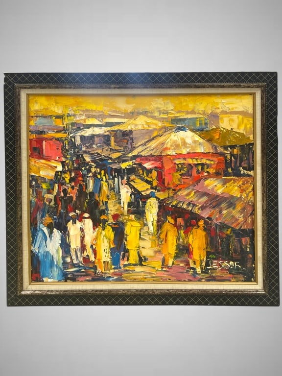 Mavua Lessor (Nigerian, B.1960) Oil on Canvas: Mavua Lessor (Nigerian, B.1960) Oil on Canvas "Old Moroko Market" Signed lower left. Frame Measures 37.5" x 32" Work measures 30" x 35" (EF/B15)