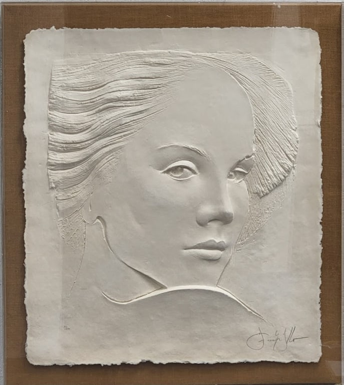 Frank Gallo "Concetta" Cast Paper in Relief: Frank Gallo "Concetta" Cast Paper in Relief "Face of a Woman". Numbered 83/200 lower left, signed lower right. Minor wear along acrylic cover, otherwise in good condition. Measures 45.5" x 41"