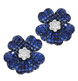18k White Gold Sapphire & Diamond Floral Stud Earr