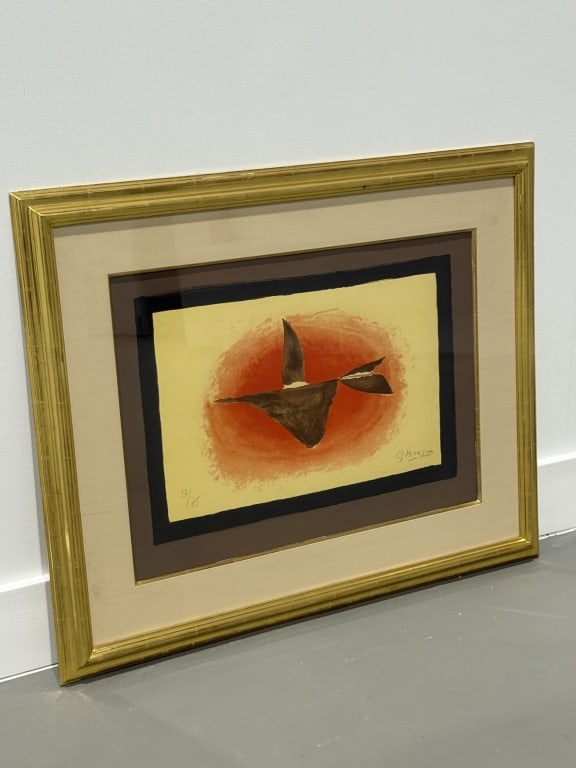 Georges Braque French, 1882-1963 Au Couchant: Georges Braque French, 1882-1963 Au Couchant (Oiseau XVII) Lithograph In Colors. 1958. Signed Numbered 57/75. Artwork Measures 19 x 25. Total Gilt Frame Measures 29 inches high x 35 1/2 inches wide.