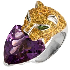 18k Two Tone Color Gemstone Panther Ring with Amet