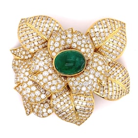 18K Yellow Gold Emerald & Diamond Flower Brooch