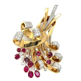 Retro 18K & Platinum Burma Ruby and Diamond Brooch