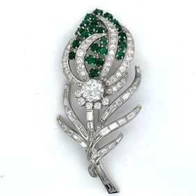 1950’s Platinum Emerald & Diamond Flower Brooch