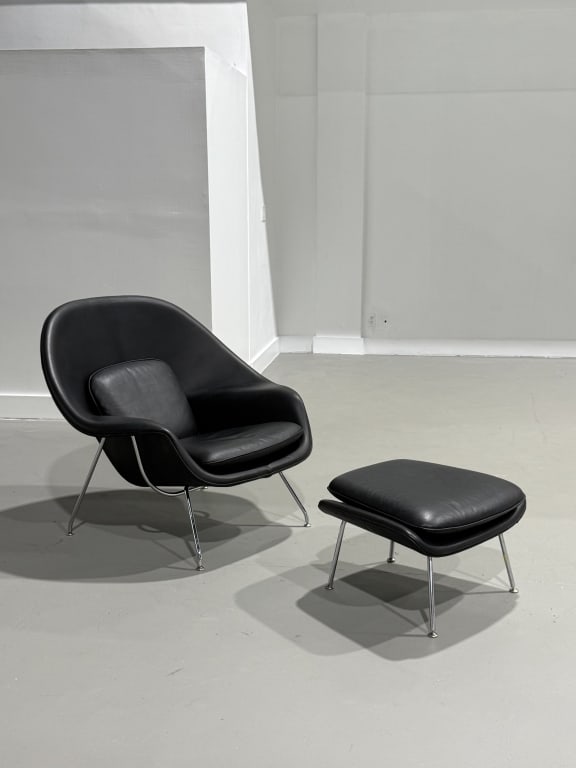 Knoll Eero Saarinen Womb Chair & Ottoman: Knoll Eero Saarinen Womb Chair & Ottoman, Leather & Chrome. 35 inches high x 38 inches wide x 43 inches deep. 13 inches high x 23 inches wide.