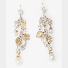 7.90 Ct Diamond & Pearl Chandelier Earrings