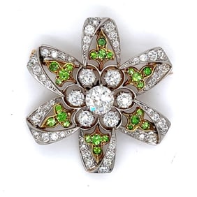 Antique 18K & Platinum Diamond and Garnet Brooch
