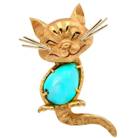 Cartier 18K Yellow Gold Turquoise Cat Brooch