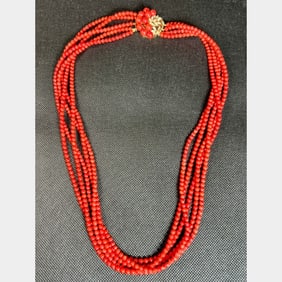 14K Yellow Gold Coral Necklace w/ Diamond Clasp