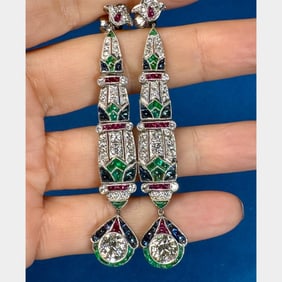 Platinum Diamond, Emerald, Ruby, and Sapphire Earr