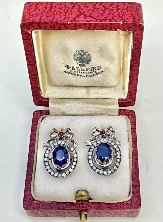Russian Antique Gold Diamond & 3.5 carat Sapphire: Russian Antique Gold Diamond and approximately 3.5 carat earrings stamped 56 and maker marks ,the weight is 6.6 grams.