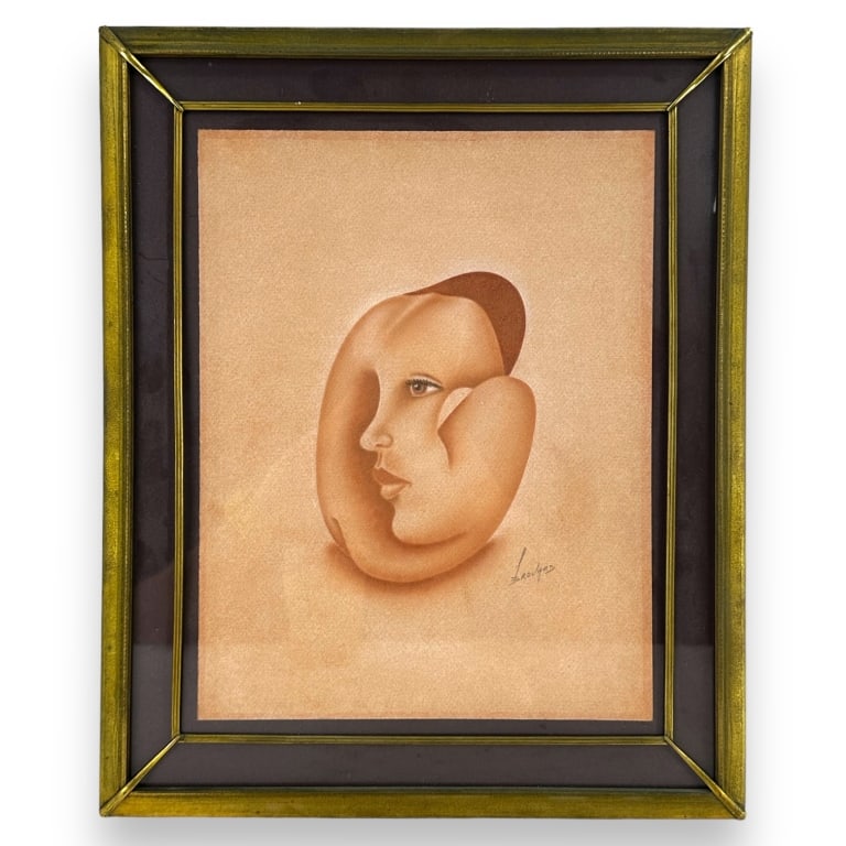 Signed Brouard Modernist School Watercolor Of Nude: A modernist school 20th century watercolor work on paper depicting the study of a seated nude female with face. Pencil signed "Brouard" to lower right. Mounted in a gold painted wooden frame with mat