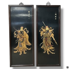Pair Chinese Carved Bone & Lacquer Panels