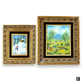 2 Signed Enamel On Copper Plaque Paintings Framed