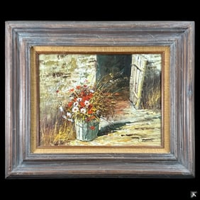 Signed Chadwich Flower Pot Oil Painting On Canvas