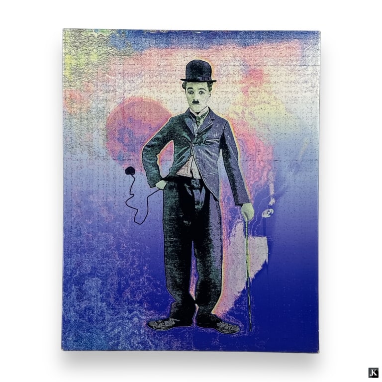 Unknown Artist Giclee On Canvas Of Charlie Chaplin: Unknown artist giclee on canvas of Charlie Chaplin. Signed to verso and dated 2017. Unframed. Canvas on stretcher measures approx. 27 3/4" height x 22" width. Appears in overall good condition. JD/B13