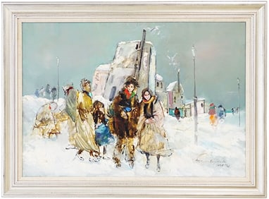 Mid Century Oil on Canvas "Figures in Snow Scene"