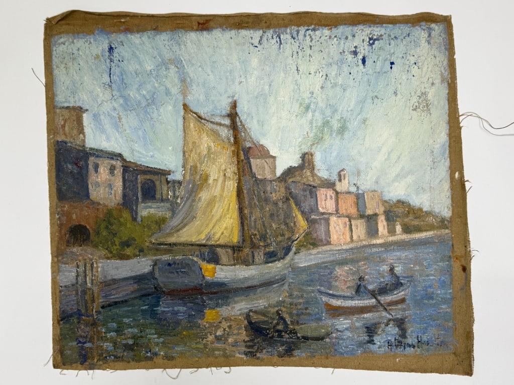 Hildegarde Hamilton (1898-1970) Oil/Canvas: Hildegarde Hume Hamilton, American (1898-1970) oil on canvas "Shore Scene". Signed lower right. Wear along the edges of the canvas and paint loss present, otherwise in good condition. Measures 21 1/2"