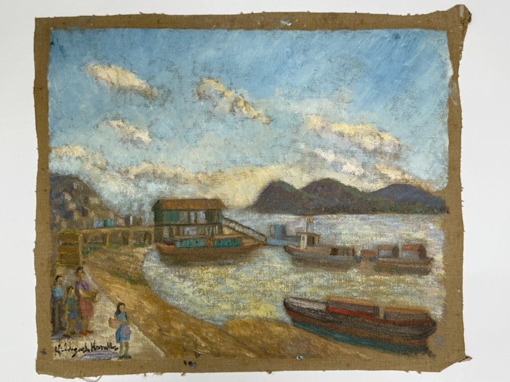Hildegarde Hamilton (1898-1970) Oil/Canvas: Hildegarde Hume Hamilton, American (1898-1970) oil on canvas "Boats at Shore". Signed lower left. Wear along the edges of the canvas and some paint loss, otherwise in good condition. Measures 21 1/2"
