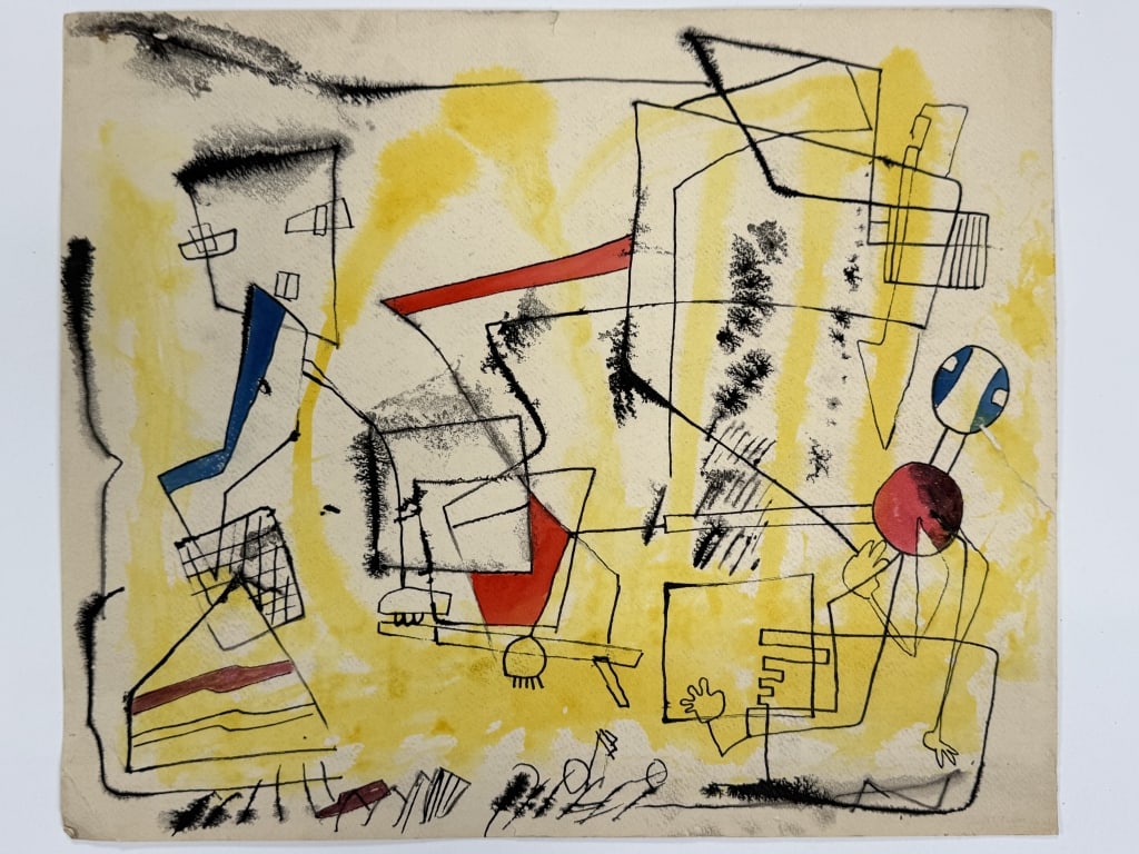 Rolph Scarlett (1889-1984) Gouache/Ink/Paper: Rolph Scarlett, Canadian (1889-1984) gouache and ink on paper untitled abstract. Unsigned. Some wear and minor tears along the edges of the worlk with a bigger tear on right side, otherwise in good co