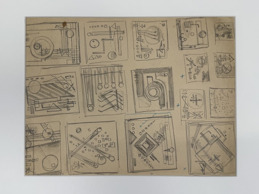 Rolph Scarlett (1889-1984) Pencil/Paper: Rolph Scarlett, Canadian (1889-1984) pencil on paper untitled abstract. Unsigned. Matted and backed by board. Minor wear along the edges of the work and some small blemishes, otherwise in good conditi