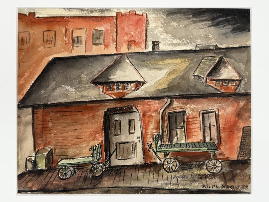 Rolph Scarlett (1889-1984) Watercolor/Paper: Rolph Scarlett, Canadian (1889-1984) watercolor on paper "Facade of a Building". Signed twice lower right. Matted and backed by board. Minor wear along the edges of the work, otherwise in good conditi