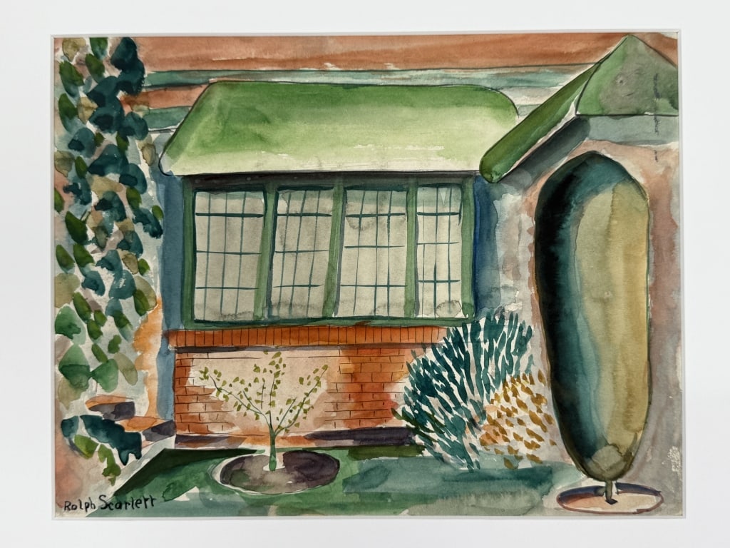 Rolph Scarlett (1889-1984) Watercolor/Paper: Rolph Scarlett, Canadian (1889-1984) watercolor on paper "Facade of a Home". Signed lower left. Matted and backed by board. Minor wear along the edges of the work, otherwise in good conditoin. Board m