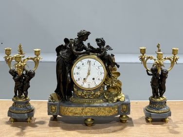 LARGE, French (3) Three Piece Clock Set Bronze