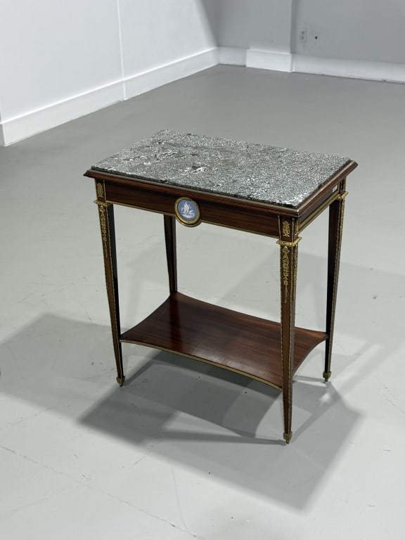 Early Antique French Plaque Marble Top Table: Early Antique French Plaque Marble Top Table. Possibly Linke. 19th century. Very FIne. 30 1/2 inches high x 27 inches wide x 7 inches deep.