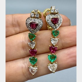 French 18K Yellow Gold Ruby, Emerald, and Diamond