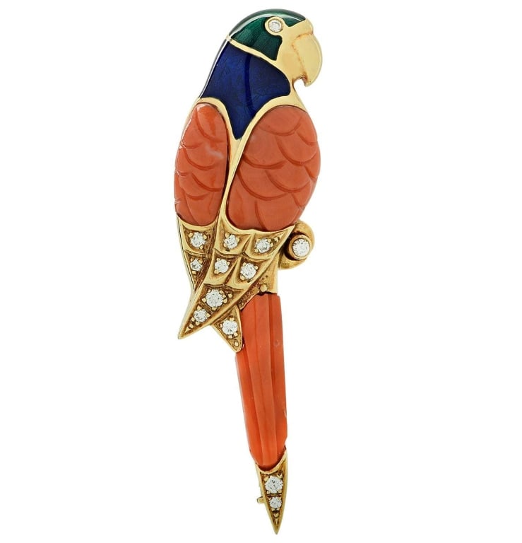 Fabergé Coral, Diamond & Enamel Parrot Brooch Pin: Discover the allure of this stunning Fabergé Coral, Diamond and Enamel Parrot Brooch Pin. Designed with an eye for elegance, this luxurious piece is crafted from 18-karat yellow gold, combining exqui