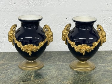 Pair of Cobalt Blue Rams Head Vases