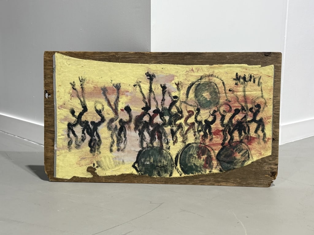 Large Purvis Young 1943-2010: Large Purvis Young 1943-2010 Rare painting on canvas mounted on wood. Measures 27 inches high x 48 inches wide.