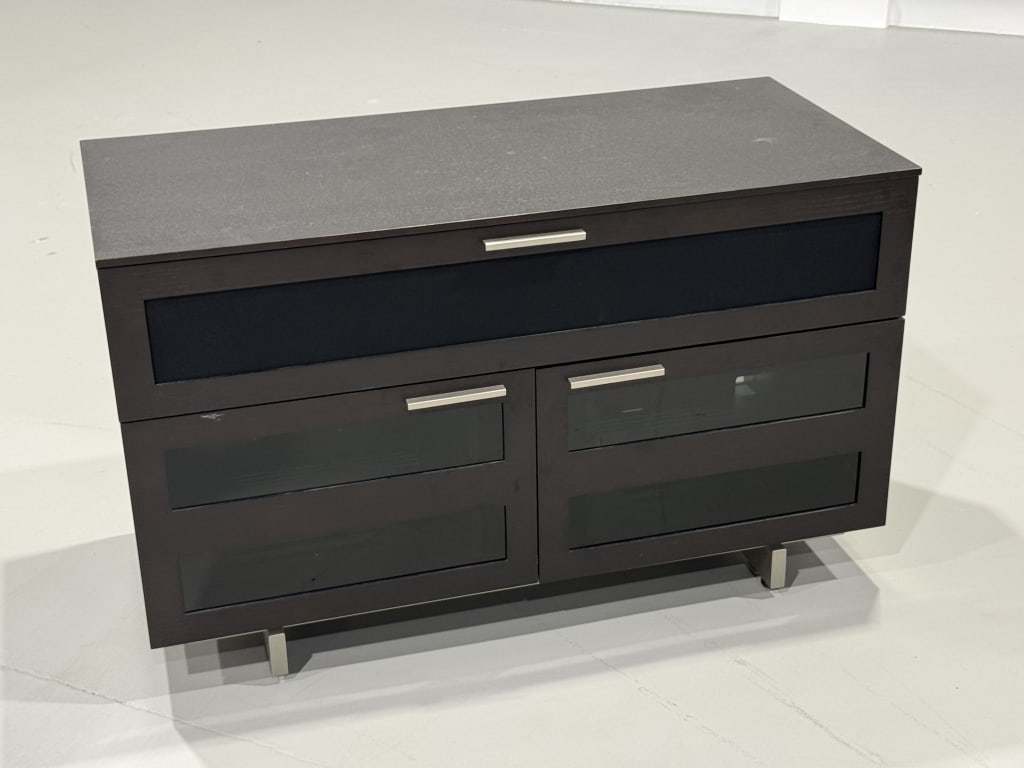 Contemporary TV Stand: Contemporary TV. Wooden. Measures 29 inches high x 50 inches wide x 22 inches deep