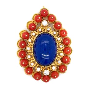 1960’s 18K Yellow Gold Coral, Lapis Lazuli, and Di