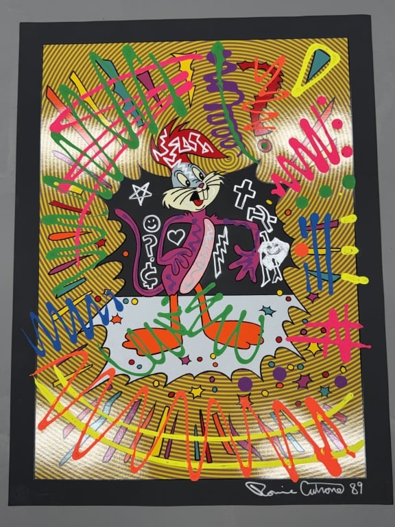 Ronnie Cutrone Circa 1989 40 H x 30.5 Wide: Ronnie Cutrone Circa 1989 40 H x 30.5 Wide "Crisis" Bugs Bunny Pop Art style. Serigraph. Measures 40 h x 30.5 wide.