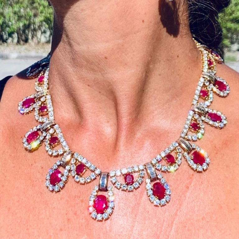 Yellow Gold Diamond and Ruby Necklace: Item # 7059 Category Necklaces 18K Yellow Gold Diamond and Ruby Necklace Weighing 131.1 grams Set with 305 Diamonds weighing app. 55.00 Ct. Along with 95 Diamonds weighing app. 12.00 Ct. F-H Color, VV