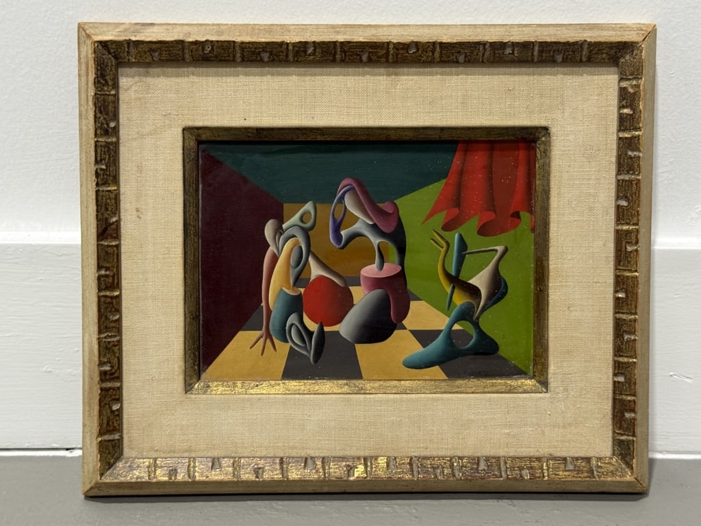 Gianni Frassati Italian Born 1942: Gianni Frassati Italian Born 1942 oil on board. Signed. Titled on Back Tam - Tam - Whisky. Art Work Meaures 7 1/2 inches high x 10 inches wide. Total Framed Measures 11 1/2 inches high x 13 1/2 inches