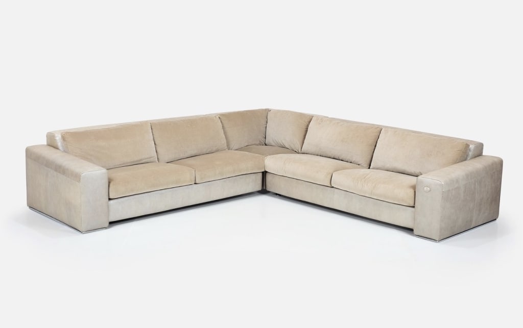 Fendi Casa, Sectional Sofa (2): Fendi Casa, Sectional Sofa (2). FENDI CASA Two-part sectional sofa, 2012 Shagree-embossed and iridized leather, velvet, stainless steel. Produced by Fendi Casa, Italy. One arm with metal plaque "Fendi
