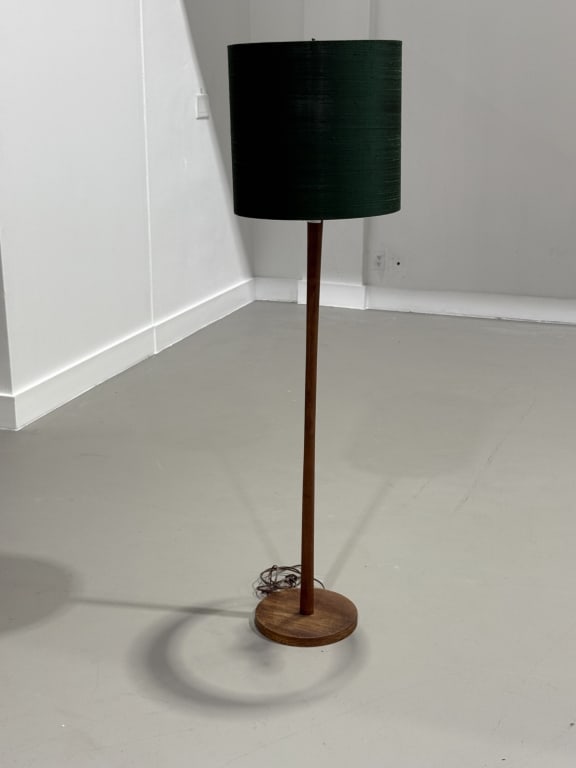 Mid Century Wooden Floor Lamp: Wood Floor Lamp Green Shade, mid century modern style. 60 inches Height x 16 inches wide.