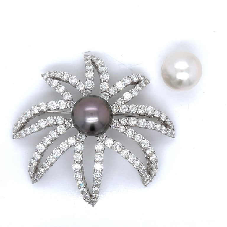 Platinum South Sea Pearl & Diamond Brooch: Item # 13126 Category Pins - Clips Platinum South Sea Pearl & Diamond Brooch Weighing 33.8 grams Set with 124 Diamonds weighing app. 15.00 Ct. F-G Color, VVS-VS Clarity Along with Interchangeable Blac