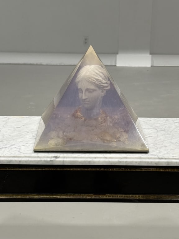Lucite Pyramid Sculpture: Lucite Pyramid Sculpture. Measures 12 inches high x 13 inches wide.