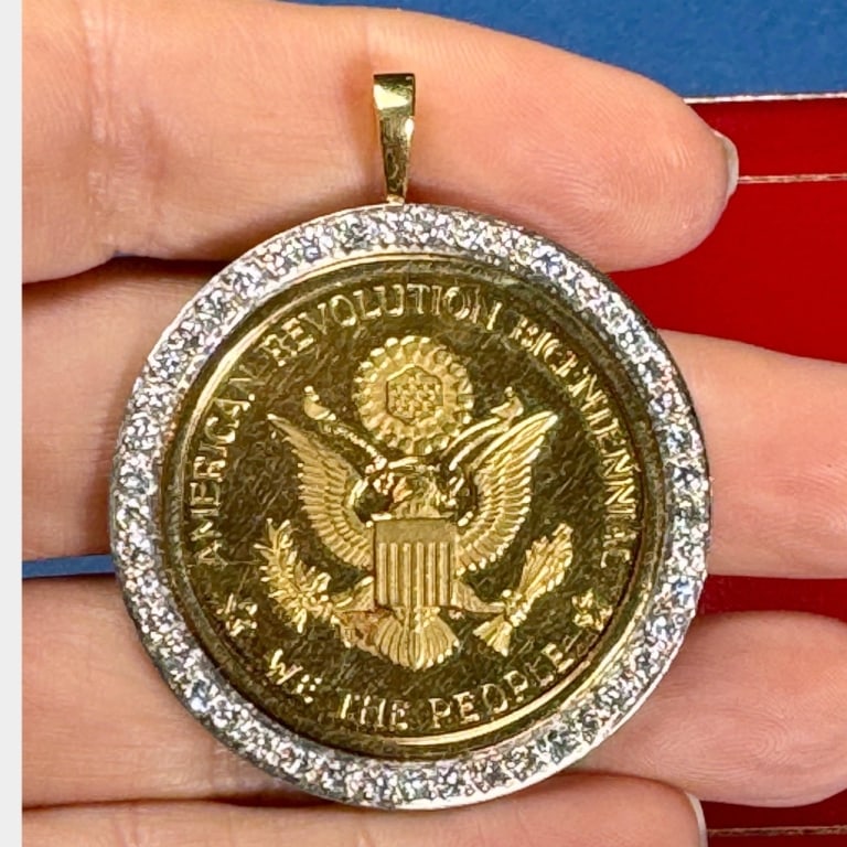 CARTIER Platinum Diamond Pendant w/ 22K American R: Item # 13166 Category Pendants CARTIER Platinum Diamond Pendant w/ 22K American Revolution Bicentennial Coin Weighing 58.0 grams Set with 46 Diamonds weighing app. 2.20 Ct. D-F Color, VVS-VS Clarity 2