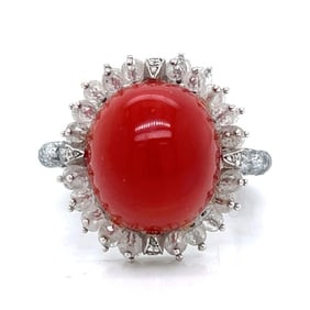 18K White Gold Coral & Diamond Ring