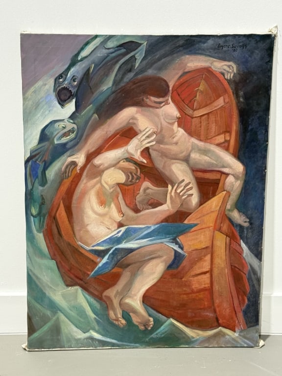 Eugene Francis Savage (American 1883-1978): Eugene Francis Savage (American 1883-1978) oil on canvas. oil painting. Circa Year 1960. Two Nudes Lost at sea with creatures. Measures 40 inches high x 30 inches wide. Unframed.