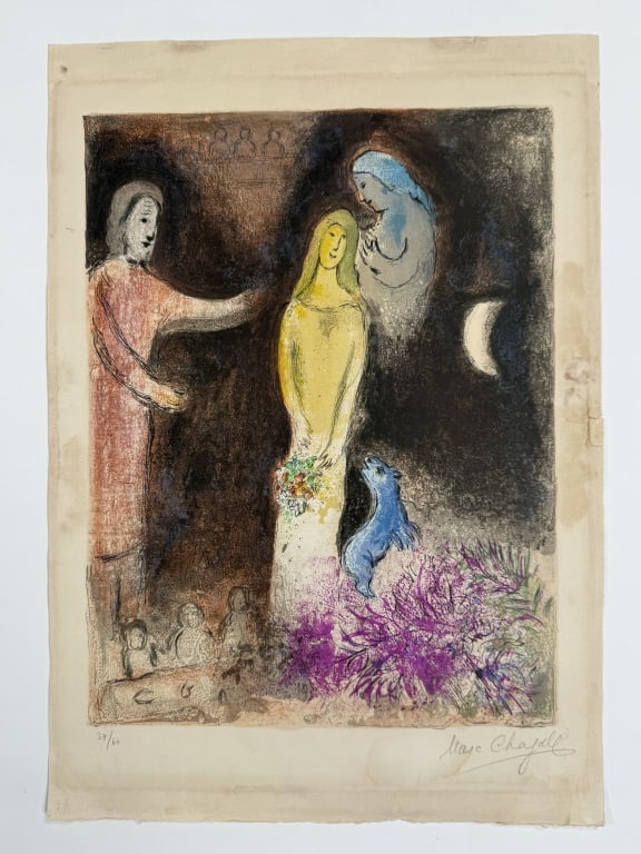 Marc Chagall (1887-1985) Signed Lithograph: Marc Chagall, Russian (1887-1985) signed lithograph "Chloe Vetue Et Coiffee Par Cleariste". Signed and embossed lower right and numbered 37/60 lower left. Blemishes and wear on the work and a tear mid