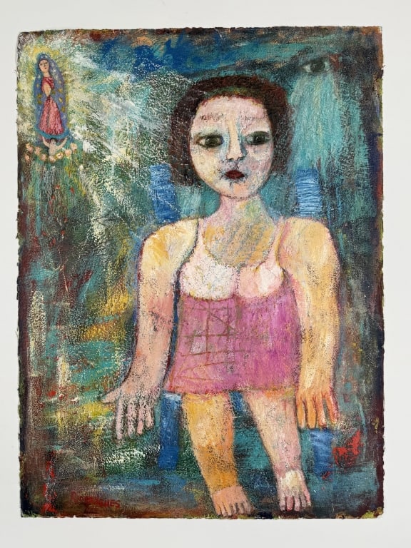 Hegina Rodrigues (20th century) Oil/Paper: Hegina Rodrigues, Brazilian (20th century) oil on paper "Recieving The Light". Signed lower left. Titled, signed marked 'April' verso. Some wear along the edges of the work, otherwise in good conditio